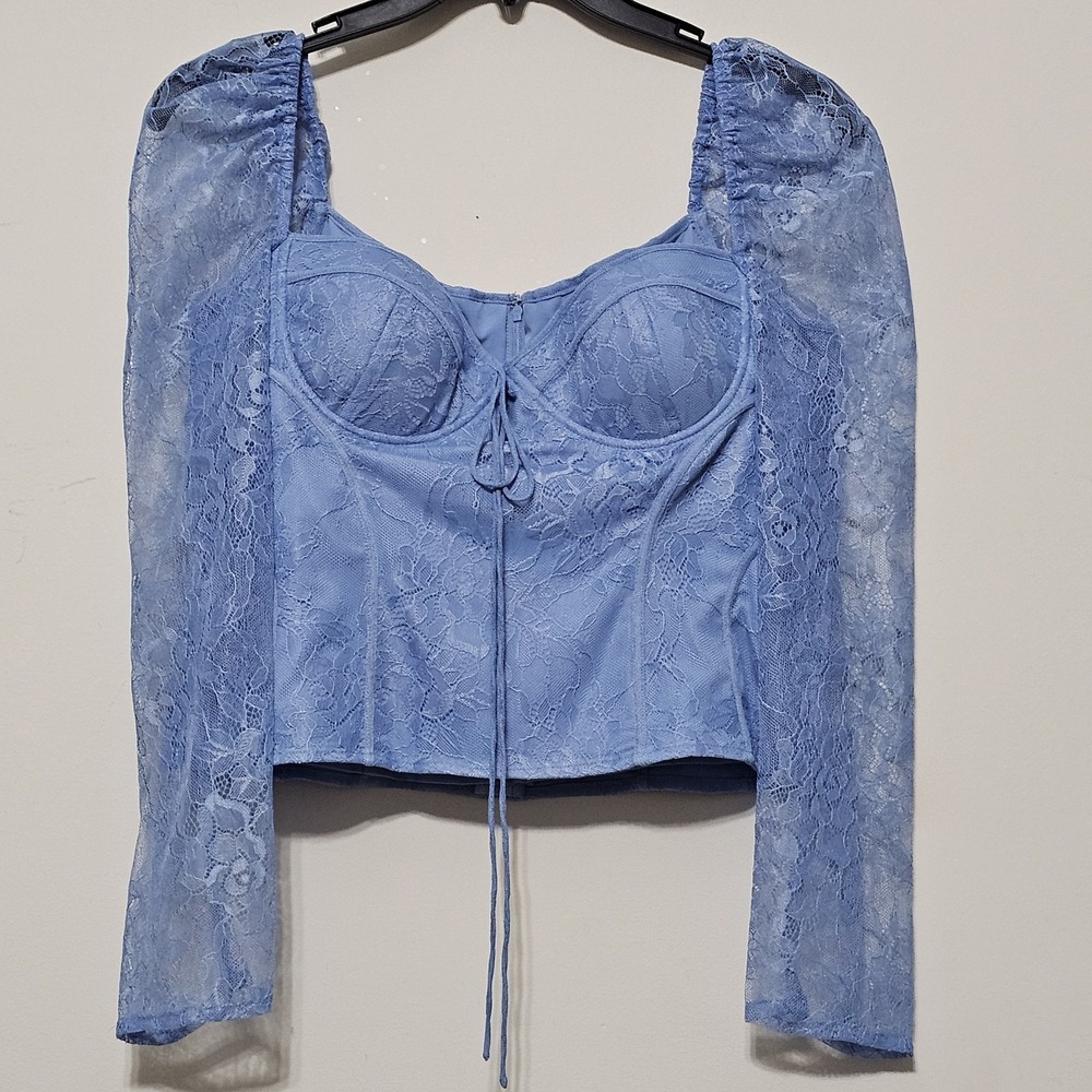 Chelsea & Violet Women Top Size 4 Blue Lace Sweetheart Neck Long Sleeves New 335